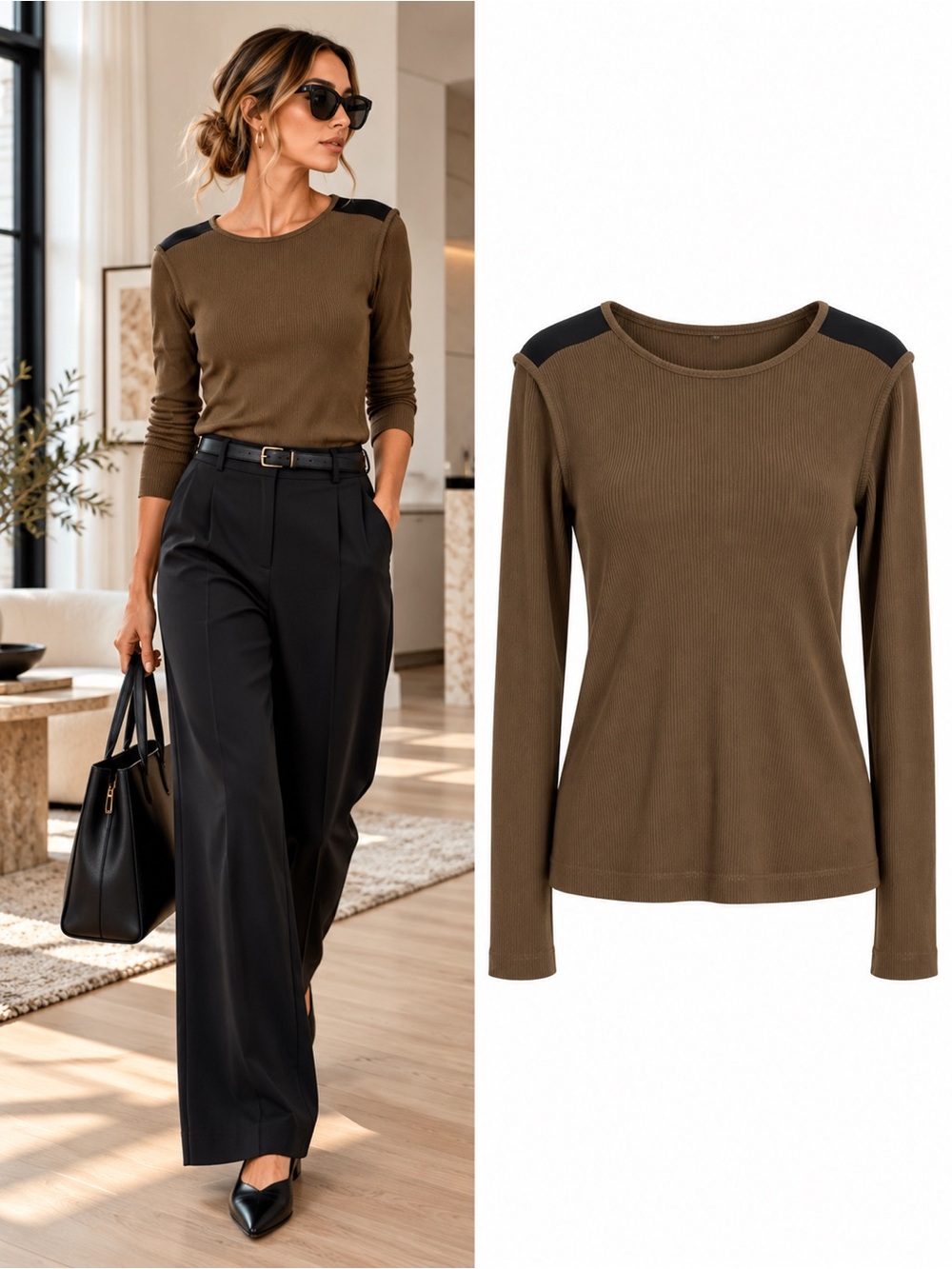 Theory Micromodal Ribbed Long Sleeve Top Olive Brown Black Shoulder Size Medium